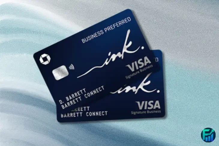 Two dark blue Chase Ink Business Preferred Visa credit cards on a gradient background, representing Chase’s business credit card with rewards and expense management benefits.