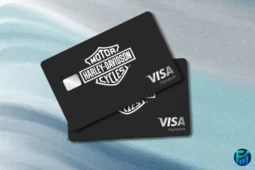 Two black Harley-Davidson Visa Signature Cards with the motorcycle logo, representing Harley-Davidson’s rewards credit card for loyal riders and enthusiasts.