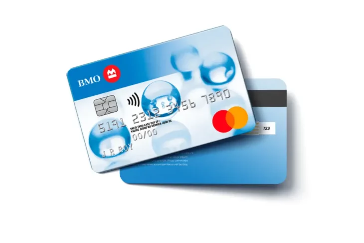 BMO Preferred Rate Mastercard displayed with a minimalist blue design, featuring the BMO and Mastercard logos.