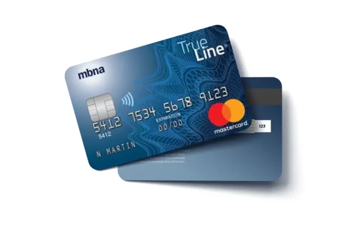 MBNA True Line Gold Mastercard shown on a neutral background, featuring a clean golden design and Mastercard logo.