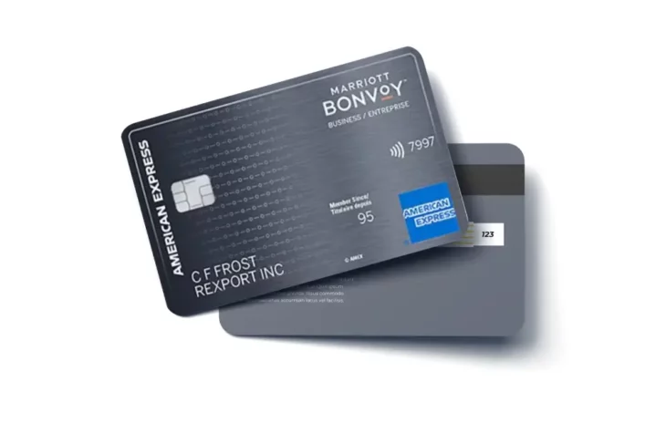 Marriott Bonvoy Business American Express card featuring a refined dark design, with Amex and Marriott Bonvoy branding prominently displayed.