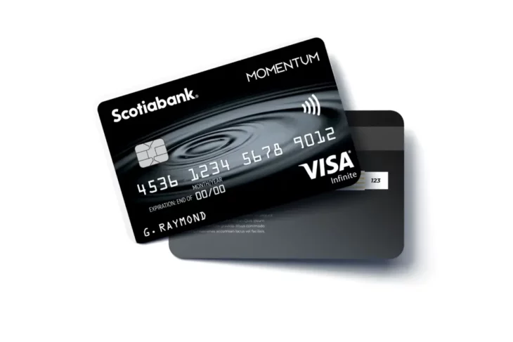 Scotia Momentum Visa Infinite credit card displayed on a neutral background, emphasizing the card’s premium design and Visa Infinite branding.
