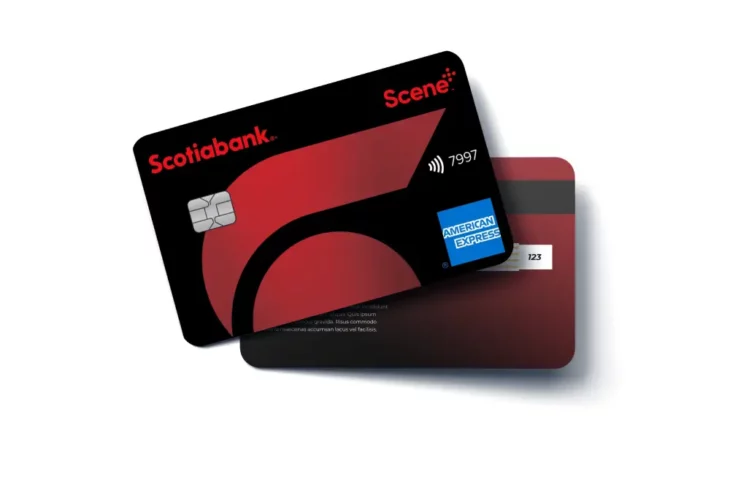 Scotiabank American Express credit card displayed on a neutral background, highlighting the card's modern design and brand logos.