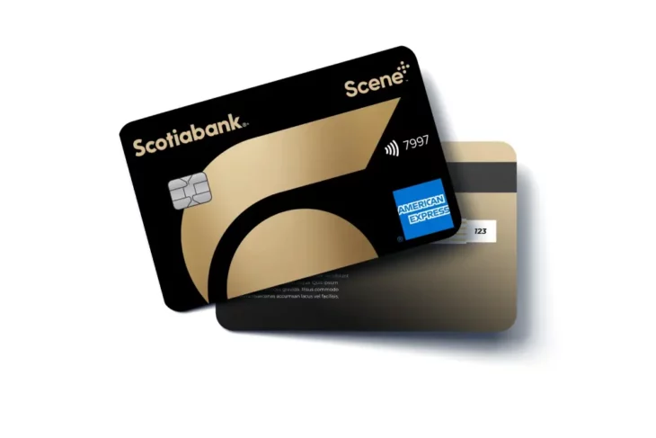 Scotiabank Gold American Express credit card shown against a neutral background, featuring a distinctive gold design and Amex logo.