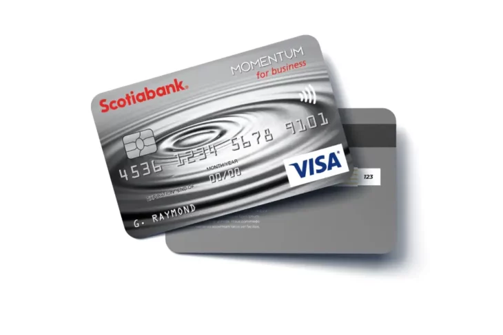 Scotia Momentum for business Visa credit card with a silver ripple design, designed for small business spending and cashback rewards.