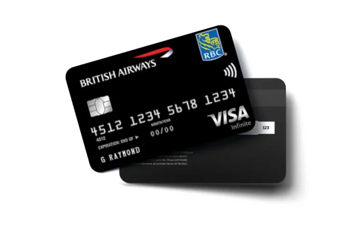 RBC British Airways Visa Infinite credit card with a black design, showing the British Airways and RBC logos, and contactless payment symbol.