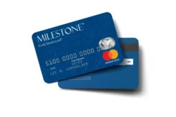 Blue Milestone Gold Mastercard credit card with chip and Mastercard logo