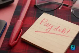 Sticky note with “Pay debt” written in red, symbolizing debt management planning.