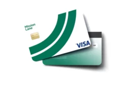 Mission Lane Visa credit card in white and green with a chip, shown front and back.