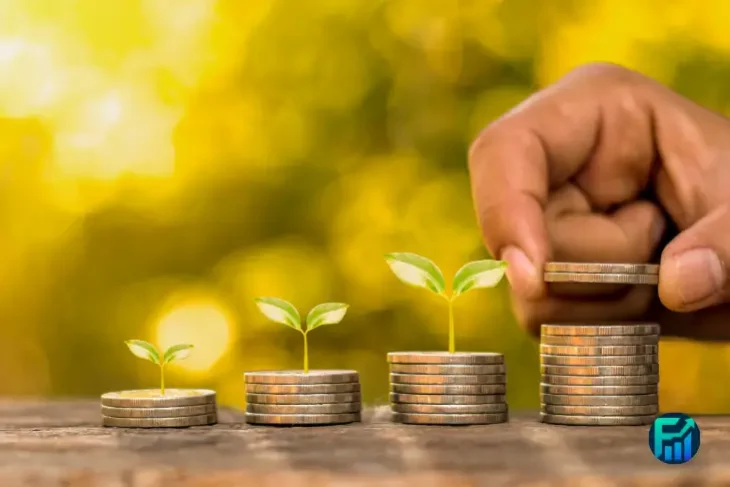 Saving planning concept with coins stacked in growth stages and plants sprouting on top