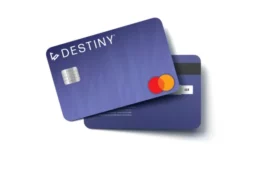 Two Destiny credit cards, one facing front and the other showing the magnetic stripe and security code.