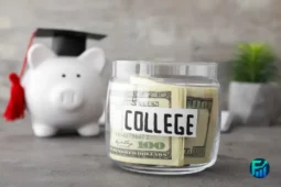 Glass jar labeled “College” filled with dollar bills, symbolizing save money for college.