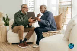 Senior couple smiling while reviewing finances on a tablet, representing sources of income in retirement.