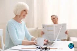 Smiling senior woman working on a laptop, representing working while receiving pension.