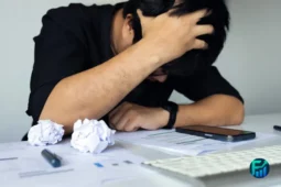 Stressed man holding his head over financial documents, symbolizing common financial mistakes.