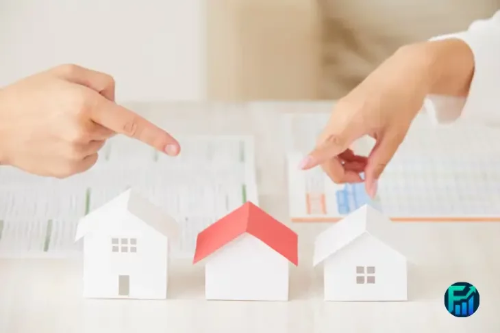 Hands pointing at small house models representing investing in U.S. real estate.