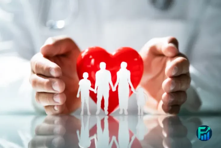 Hands protecting a heart and family figures, symbolizing life insurance coverage.