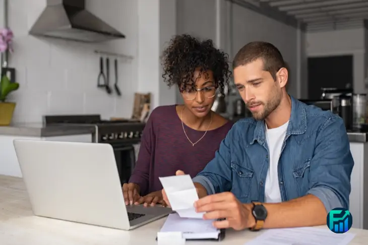 A couple reviewing bills and budgeting on a laptop, managing their finances for couples.