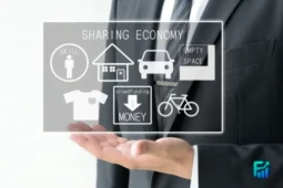 A businessman presenting digital icons representing the Sharing Economy.