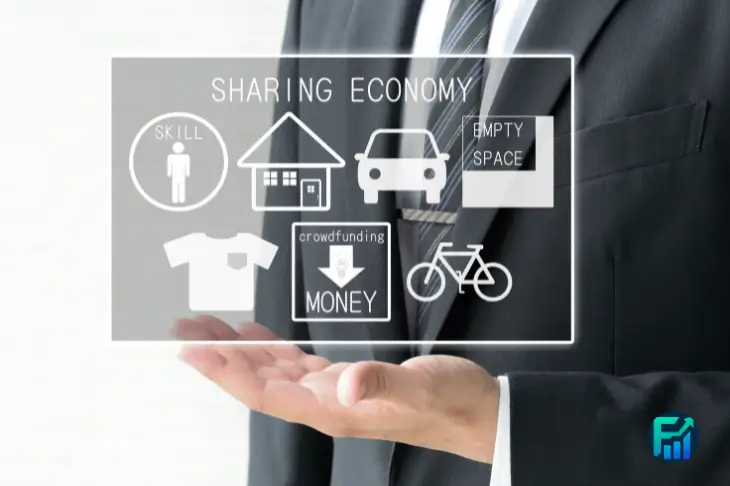 A businessman presenting digital icons representing the Sharing Economy.
