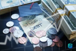 Coins, cash stacks, and a graduation cap representing student debt and financial burden.