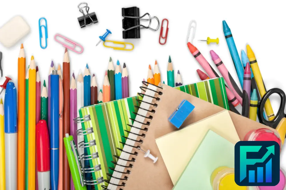 Assorted school supplies such as notebooks, crayons, pencils, pens, and paper clips, representing school-related expenses.
