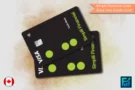 Two black Simplii Financial Cash Back Visa credit cards with green dots, placed diagonally over a light textured background. The image includes the Simplii Financial logo, a contactless payment symbol, and a red maple leaf icon indicating Canada.