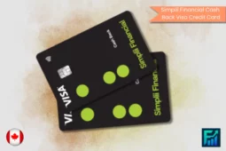 Two black Simplii Financial Cash Back Visa credit cards with green dots, placed diagonally over a light textured background. The image includes the Simplii Financial logo, a contactless payment symbol, and a red maple leaf icon indicating Canada.