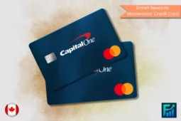Two dark-blue Smart Rewards Mastercard Credit Cards by Capital One, featuring chip and Mastercard logo, with a Canadian flag icon and a rewards label on a beige background.
