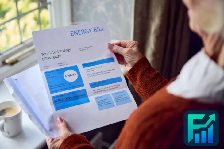 Hands holding a detailed paper energy bill with highlighted costs and usage information.