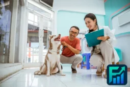 Man with husky dog and female vet in a clinic, managing pet expenses through preventative care.