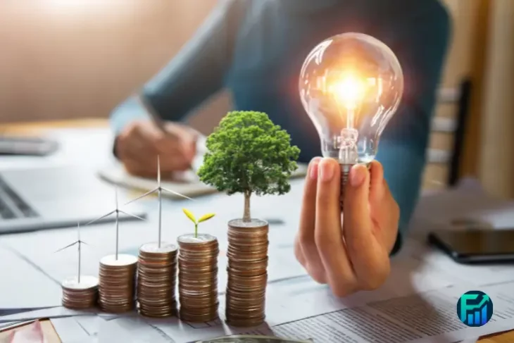 Stacks of coins with plants growing on top and a glowing light bulb, symbolizing financial sustainability and smart investment growth.