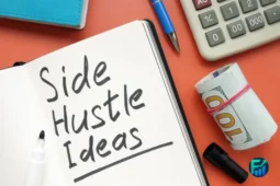 Notebook with “Side Hustle Ideas” written on it beside cash, a pen, and a calculator, symbolizing extra income opportunities.