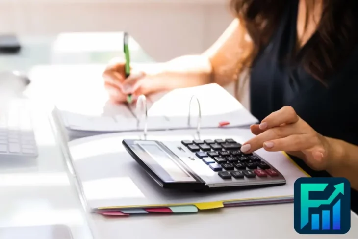 Woman calculating numbers and taking notes at a desk, representing the process of managing taxes and financial documentation.