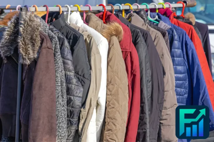 Various winter jackets hanging on a rack, symbolizing seasonal spending and the rise in winter costs for clothing and warmth.
