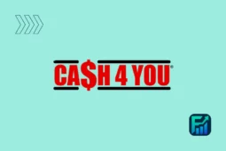 Cash4you logo in bold red letters on a light blue background with graphic elements.