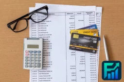 Credit card statement with calculator, credit cards, and glasses on desk