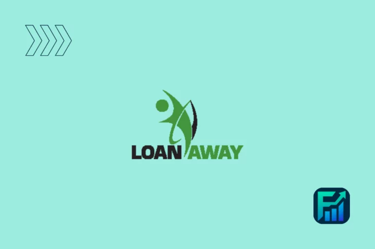 Logotipo da Loan Away com fundo azul-claro. A imagem apresenta uma figura estilizada em verde, representando uma pessoa em movimento ao lado de uma folha ou escudo, sugerindo agilidade e proteção financeira. O nome "Loan Away" aparece abaixo, com "Loan" em preto e "Away" em verde, simbolizando a marca canadense de crédito pessoal.