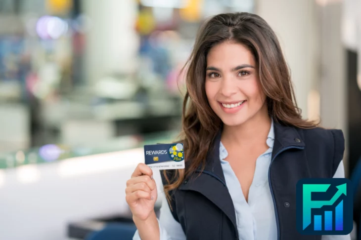Smiling woman holding a rewards card at a store counter, illustrating Reward Programs.
