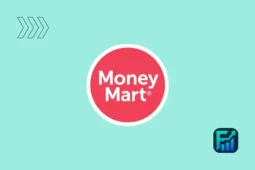 Money Mart loan logo on red circle with teal background and growth icon.