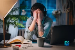 Financial imposter syndrome: stressed young adult with headphones at a laptop, head in hands, late-night home office with coffee and notebook.