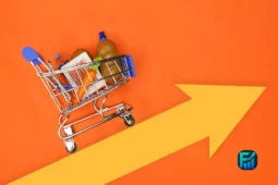 Shopping cart with groceries and an upward arrow, symbolizing rising inflation.