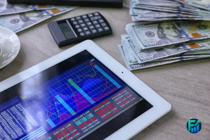 Tablet showing market charts beside cash and calculator, representing investing in commodities.