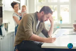 Worried man looking at a bill in the kitchen, representing the challenge of dealing with Unexpected Expenses in a family budget.