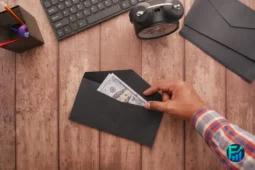 Hand placing dollar bills into a black envelope, illustrating the cash envelope system.