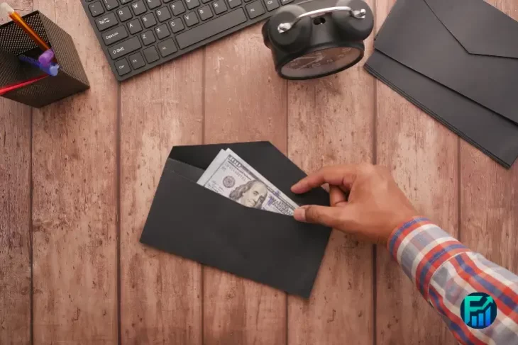 Hand placing dollar bills into a black envelope, illustrating the cash envelope system.
