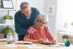 Elderly couple calculating bills and reviewing finances at home, representing how to manage the rising cost of living through smart budgeting.