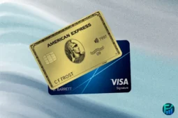 Chase Sapphire Preferred vs. American Express® Gold cards shown side by side with a red “VS” circle in the centre and a logo in the bottom right corner.