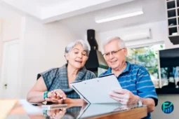 Senior couple reviewing financial documents at home as part of late retirement planning.