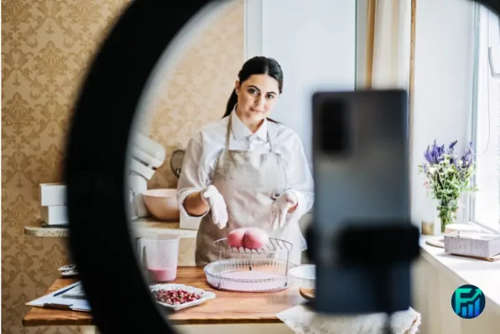 Woman filming a baking video as a side hustle in Canada, representing creative ways to earn extra income.